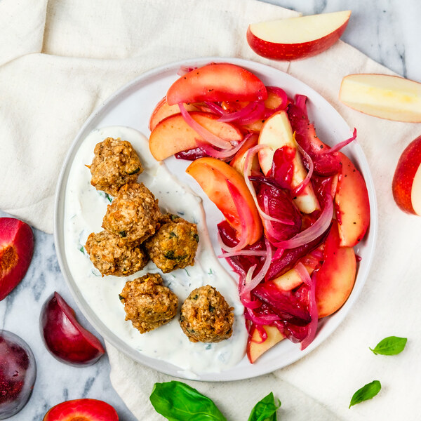 Sheet Pan Veggie Meatballs with Roasted Apples, Plums & Basil Yogurt