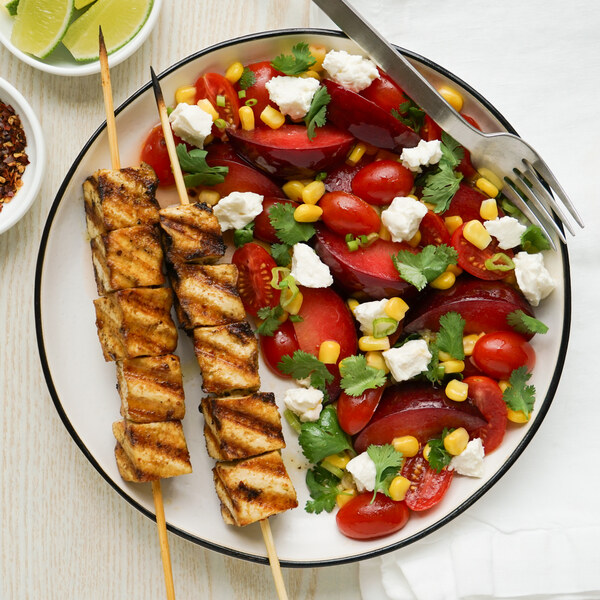 Grilled Tofu Skewers with Plum, Tomato, Corn, Feta & Cilantro Salad