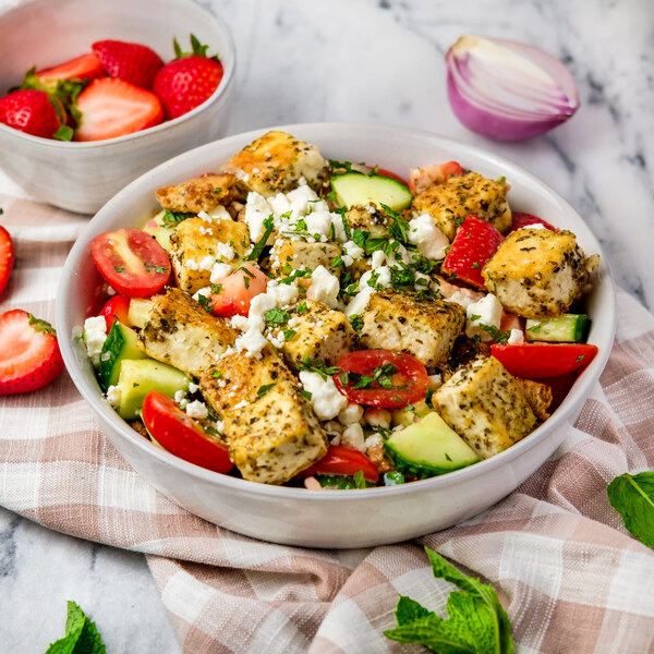 Strawberry Panzanella (Italian Bread Salad) with Tofu, Feta & Mint