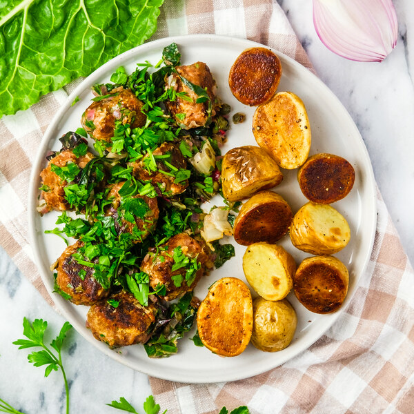 Veggie Meatball "Piccata" Skillet with Chard, Capers & Roast Potatoes