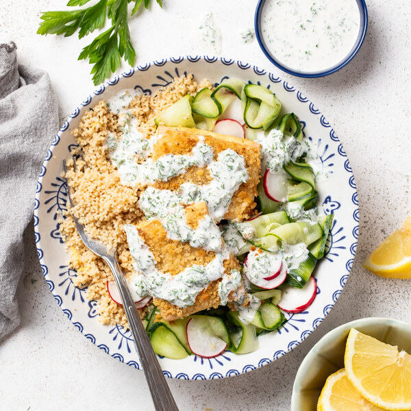 Crispy Baked Tofu with Couscous, Pickled Cucumber-Radish Salad & Ranch ...