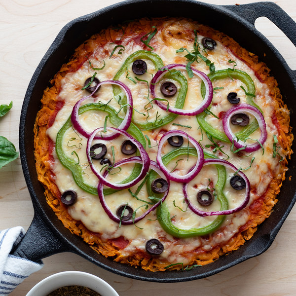 Sweet Potato "Pizza" with Olives, Green Peppers & Fresh Basil
